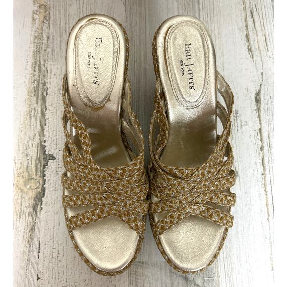 Eric Javits Women’s 10 Edy Gold Leather Wedge Sandals Slip-On Shoes - Picture 2 of 9